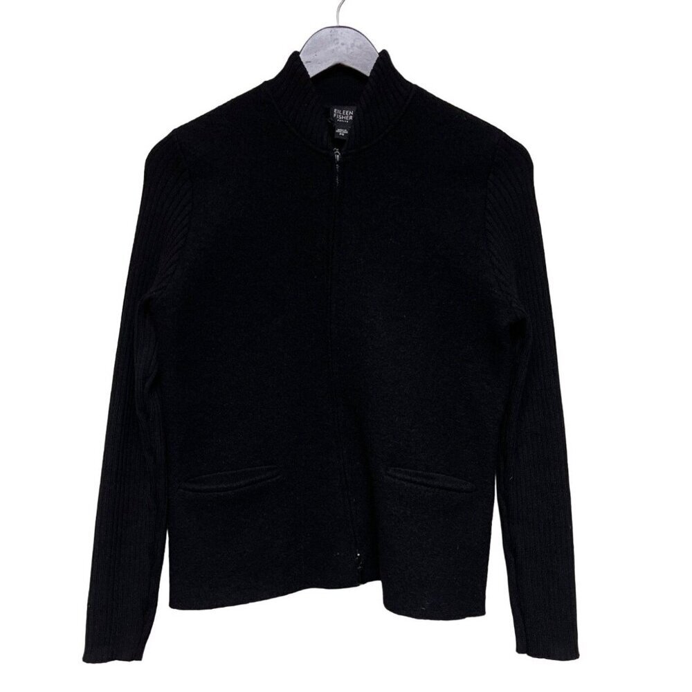 Eileen Fisher Women's Sweater Cardigan 100% Wool Black Two Way Zip Petite Small
